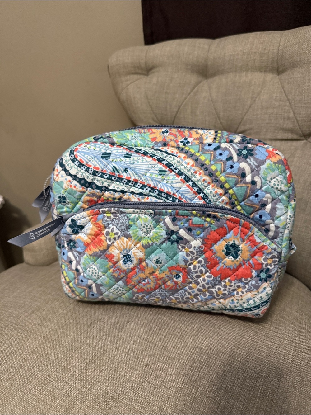 Vera Bradley Quilted Floral Cosmetic Pouch in Orange, Green & Gray